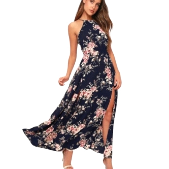 Lulus Feel The Music Midnight Blue Floral Print Maxi Dress Sz Medium - Picture 4 of 15